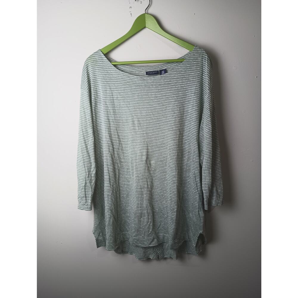 Adrienne Vittadini Women's‎ 100% Linen Green Striped Blouse Earthy Costal 1X